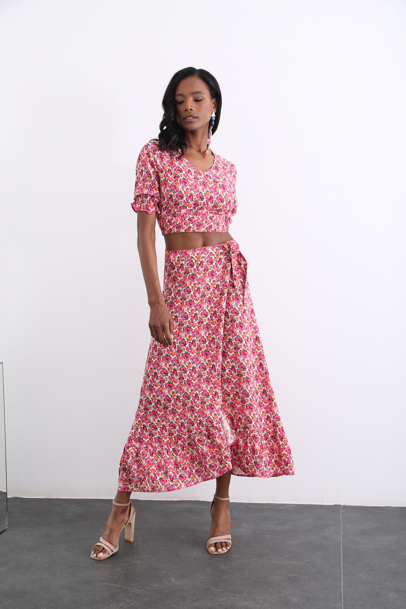 Fuşya Çiçekli Crop Etek Takım 3364