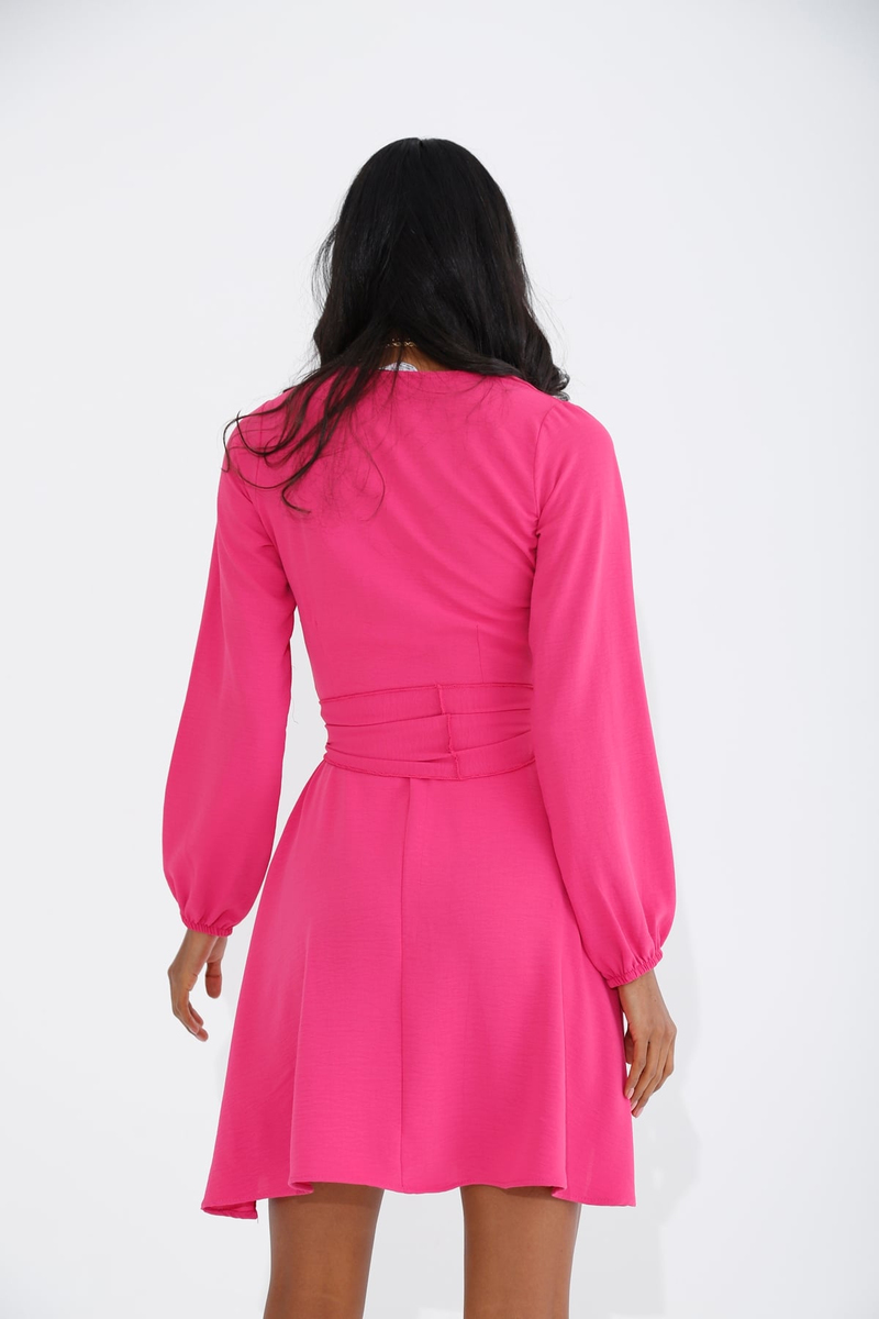 Fuşya V Yaka Kuşaklı Elbise 0112
