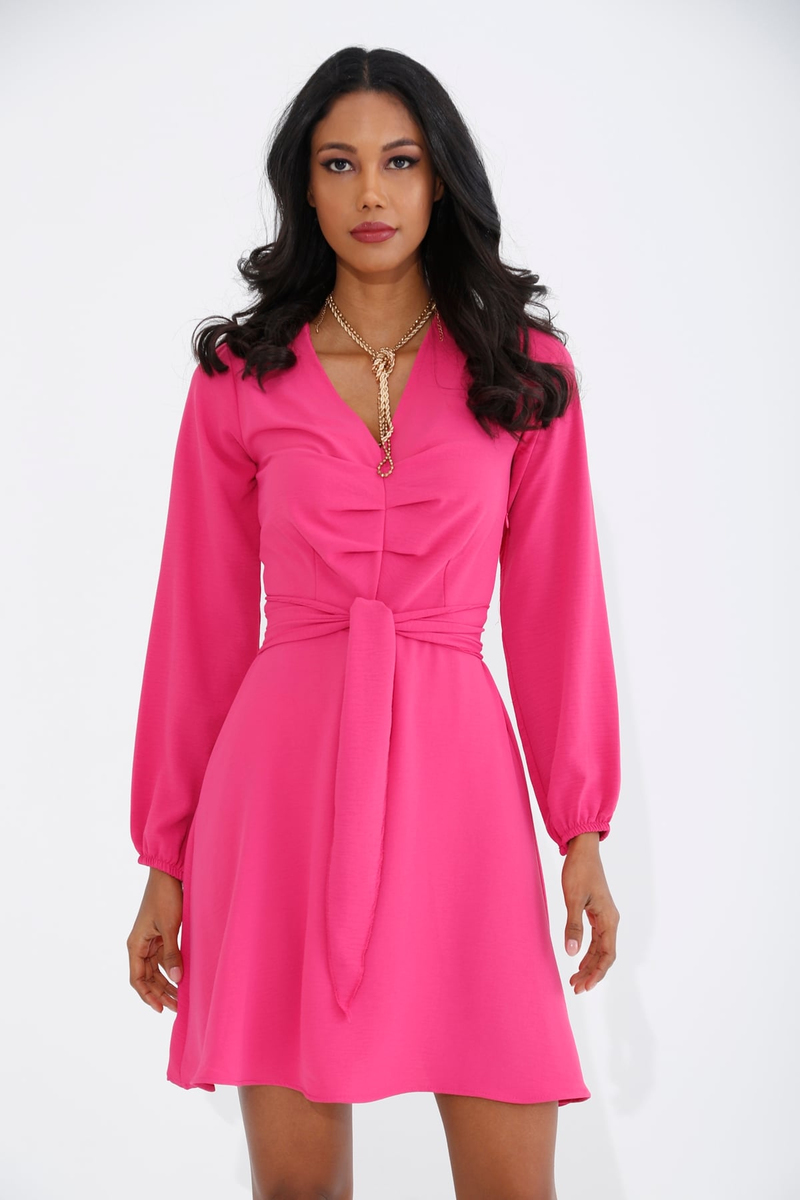Fuşya V Yaka Kuşaklı Elbise 0112