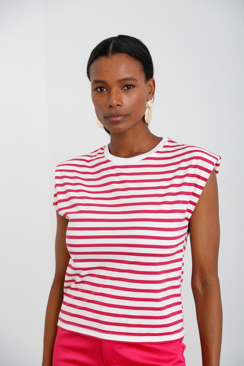 Fuşya Vatkalı Çizgili Tshirt 3776