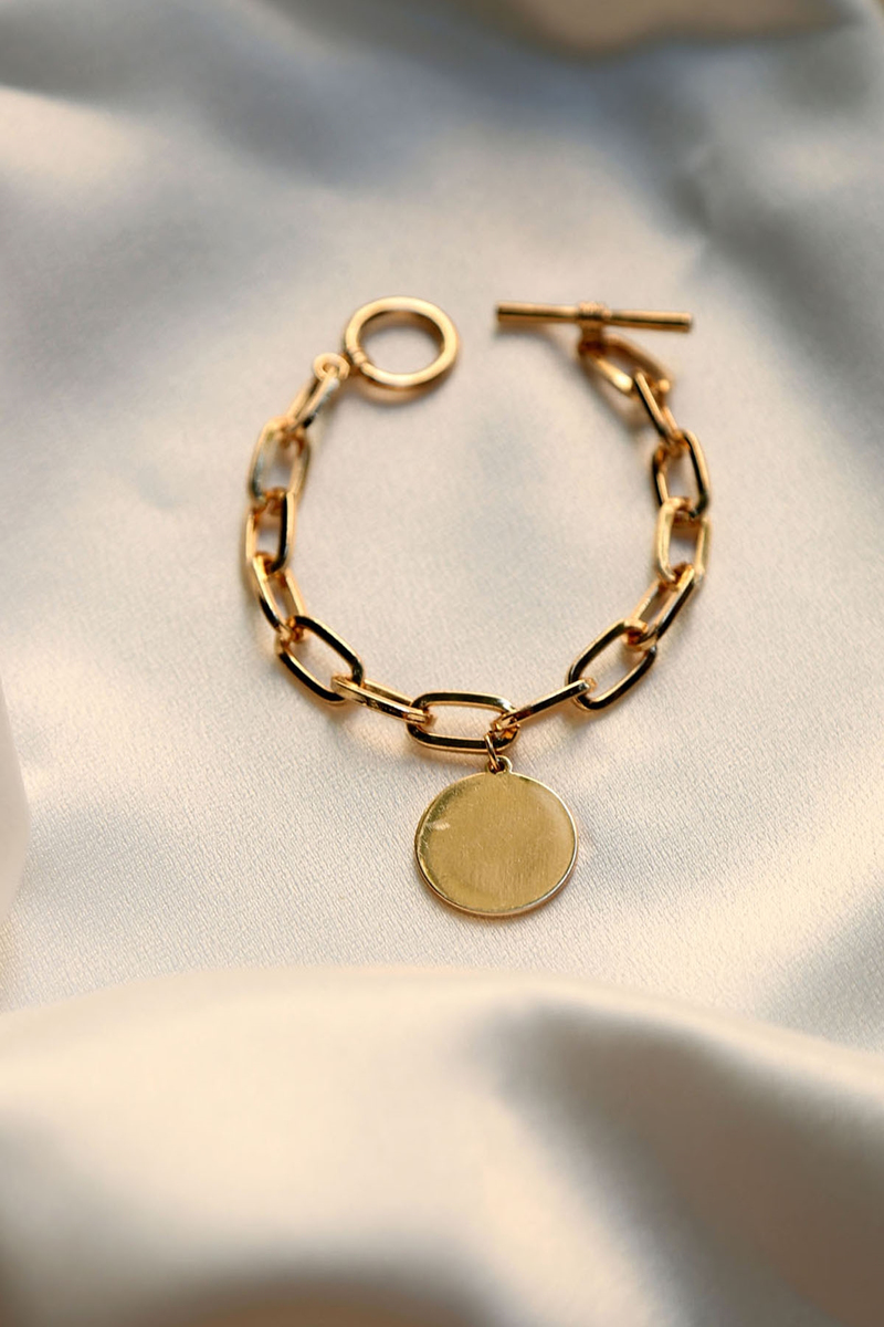 Gold Oval Zincirli Plakalı Bileklik 
