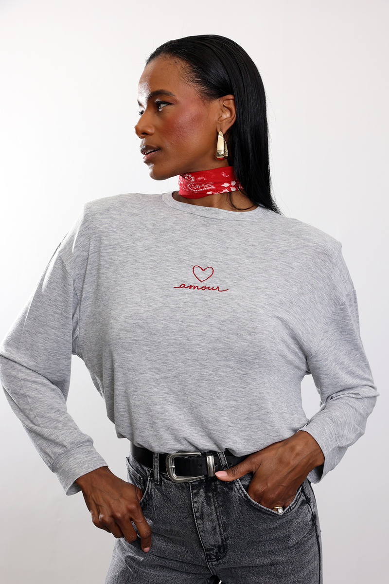 Gri Amour Yazı Nakışlı Vatkalı Bluz 18075