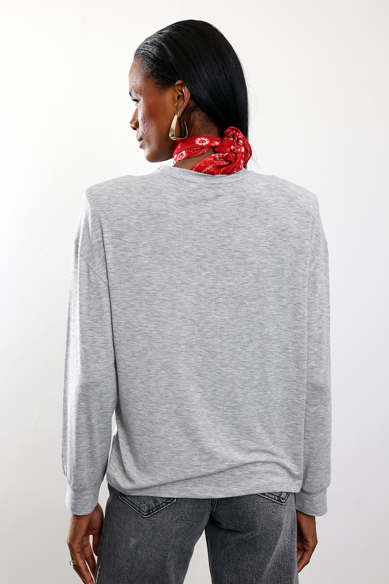 Gri Amour Yazı Nakışlı Vatkalı Bluz 18075
