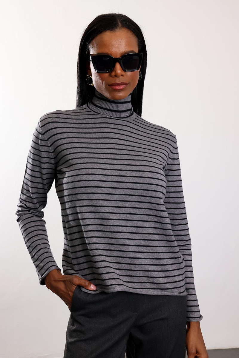 Gri Balıkçı Yaka Çizgili Triko 261002