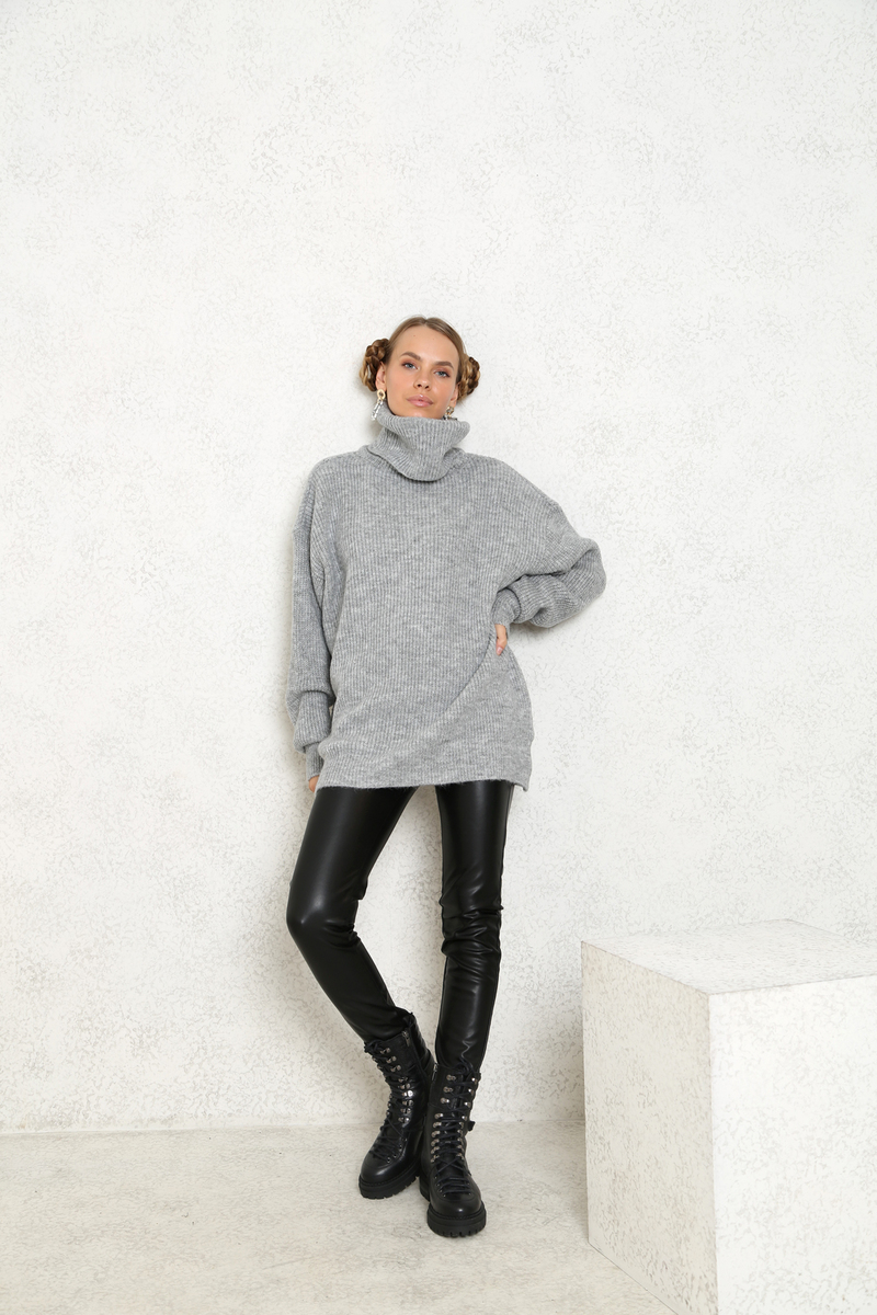 Gri Balıkçı Yaka Oversize Kazak