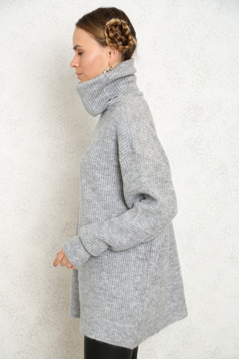 Gri Balıkçı Yaka Oversize Kazak
