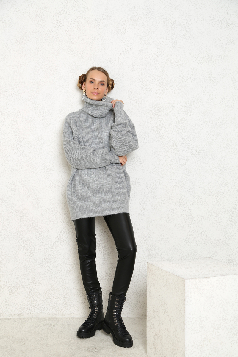 Gri Balıkçı Yaka Oversize Kazak