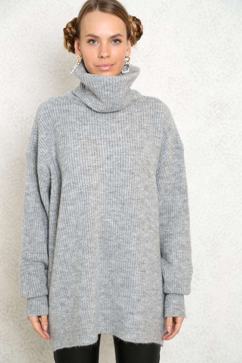 Gri Balıkçı Yaka Oversize Kazak