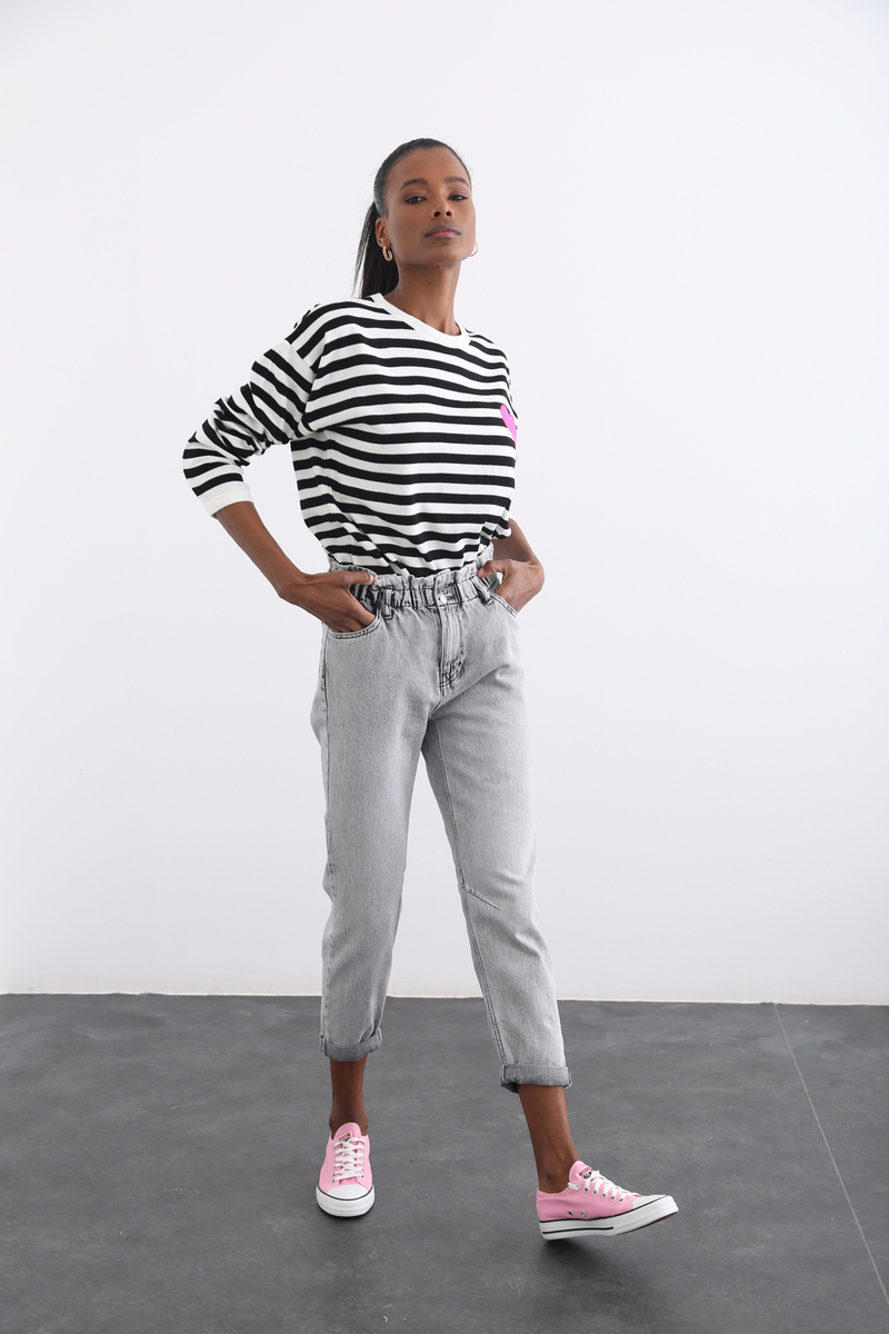 Gri Beli Lastikli Duble Paça Mom Jean 1449