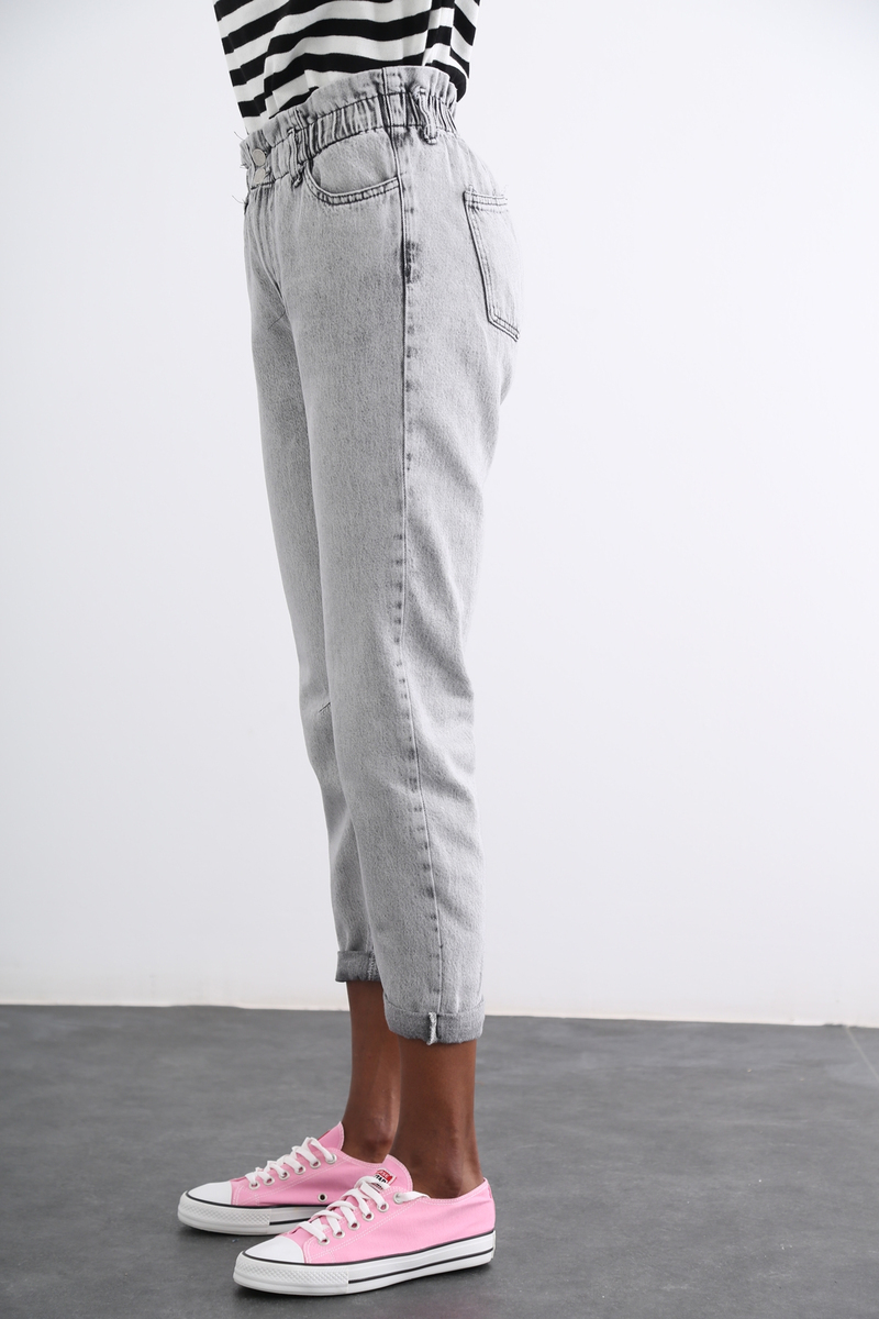 Gri Beli Lastikli Duble Paça Mom Jean 1449