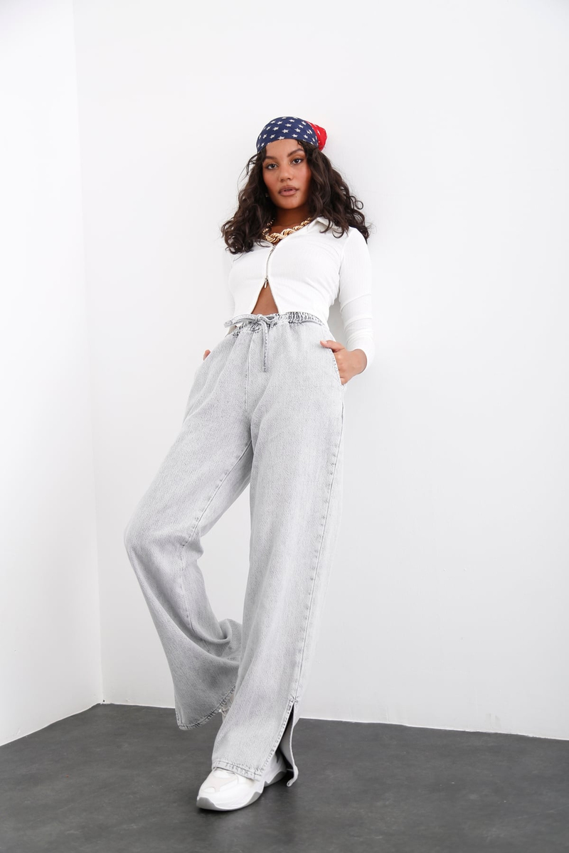 Gri Beli Lastikli Jean 