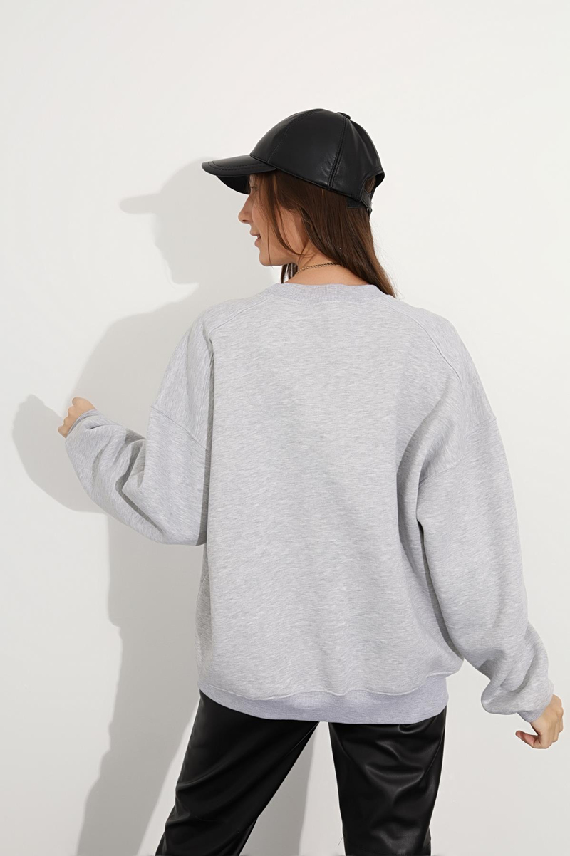 Gri Bisiklet Yaka Basic Sweatshirt 3408-23