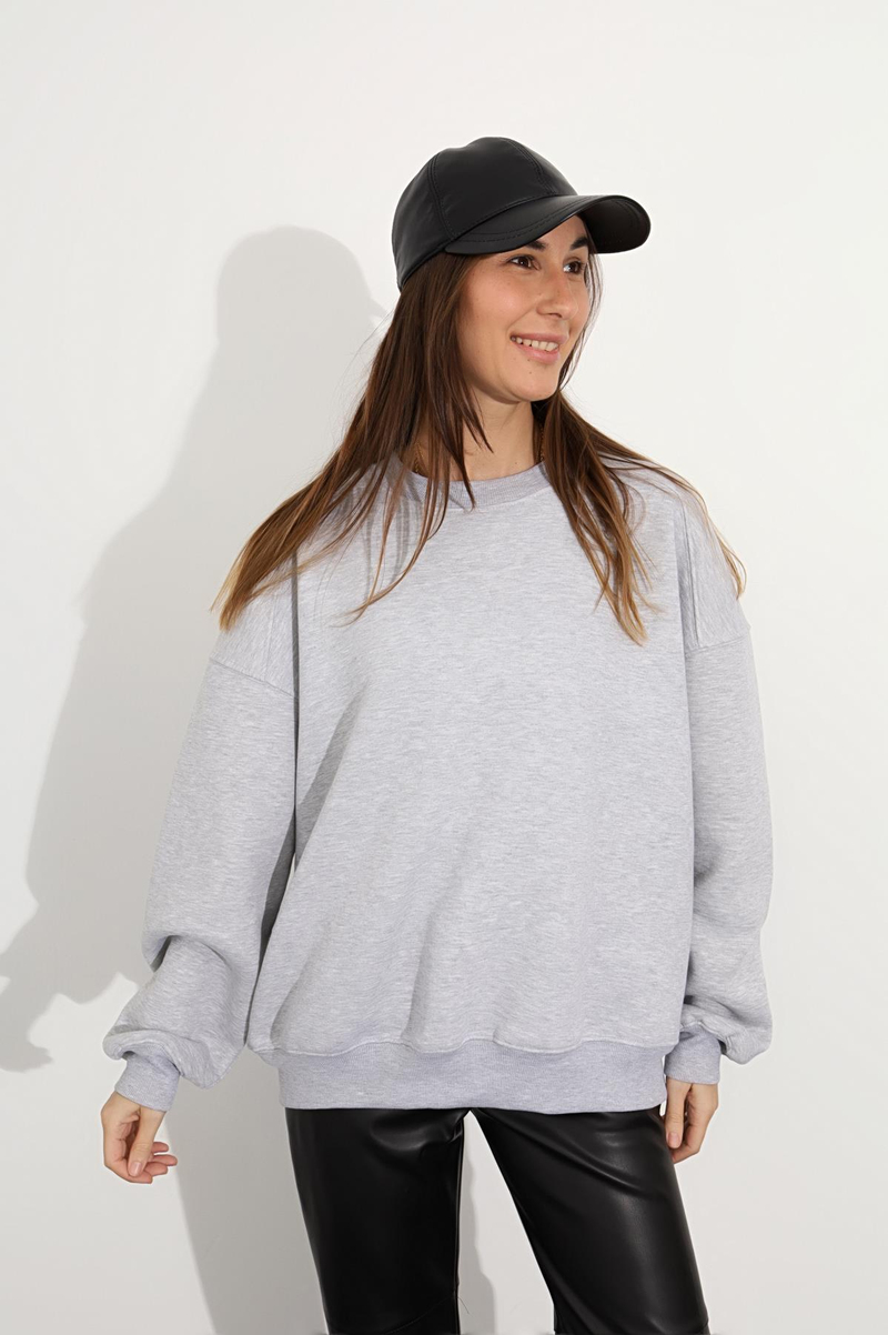 Gri Bisiklet Yaka Basic Sweatshirt 3408-23