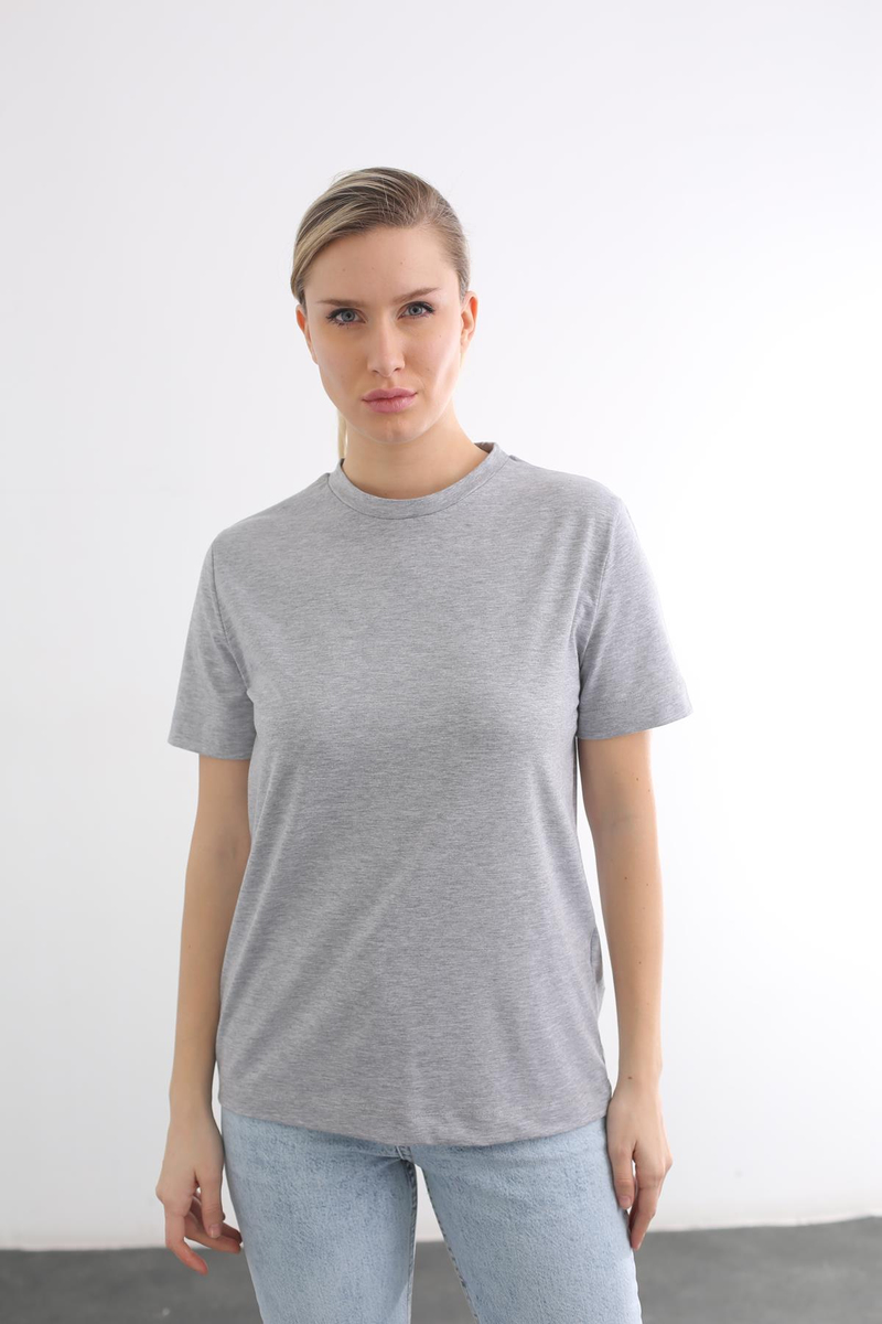 Gri Bisiklet Yaka Basic Tshirt 
