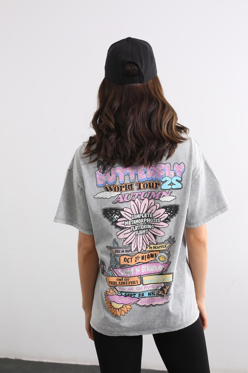 Gri Bisiklet Yaka Baskılı Tshirt 
