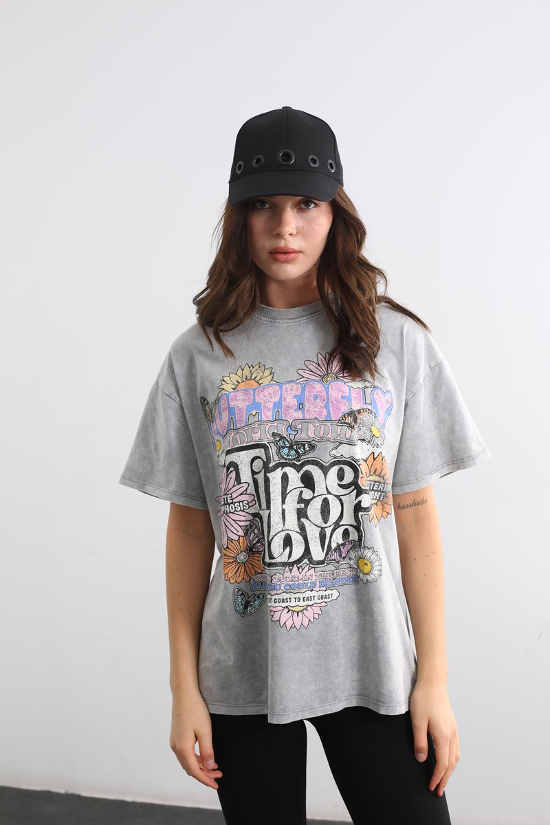 Gri Bisiklet Yaka Baskılı Tshirt 