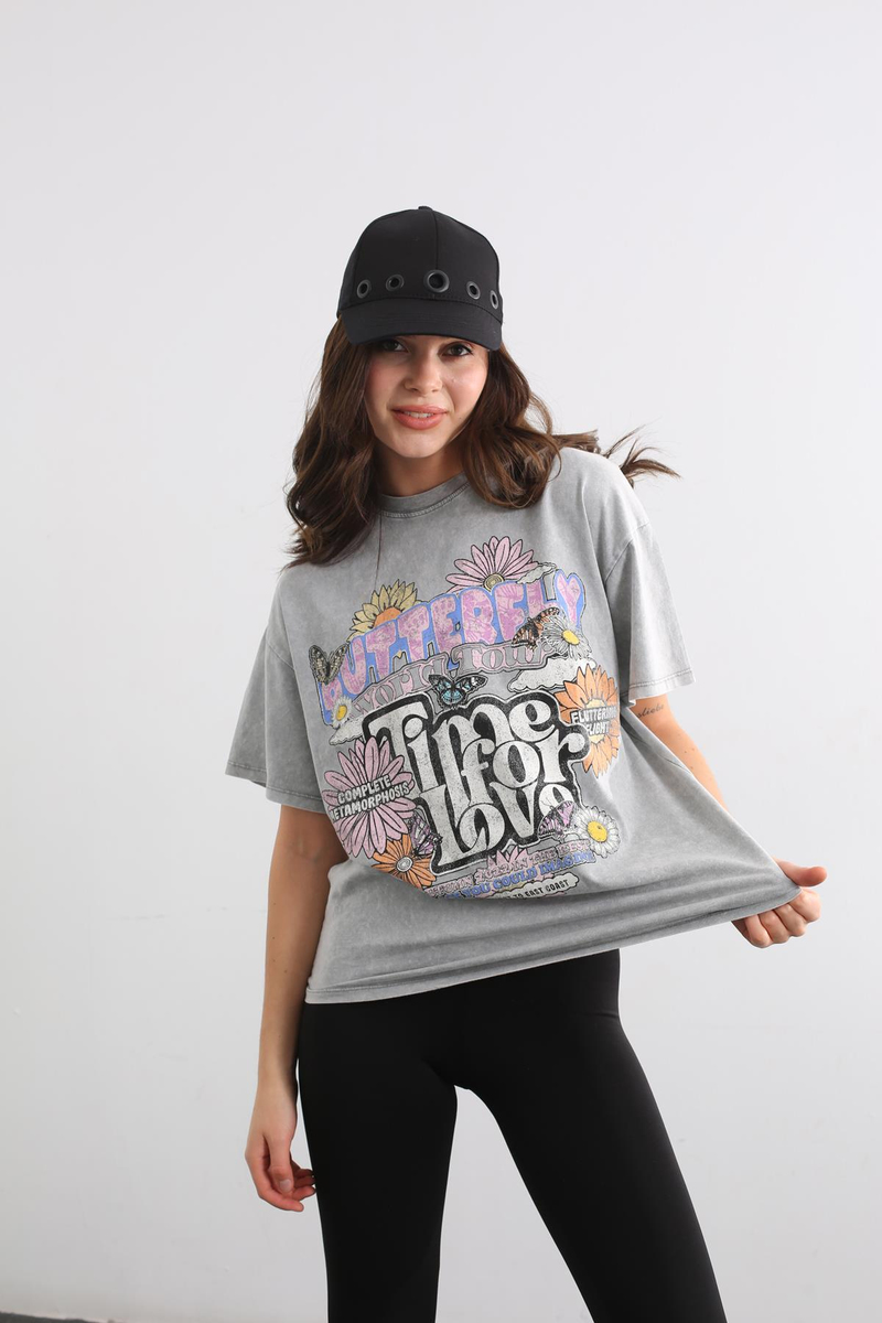 Gri Bisiklet Yaka Baskılı Tshirt 