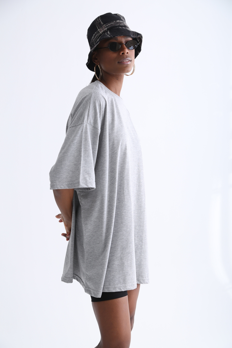Gri Bisiklet Yaka Oversize Tshirt 12135