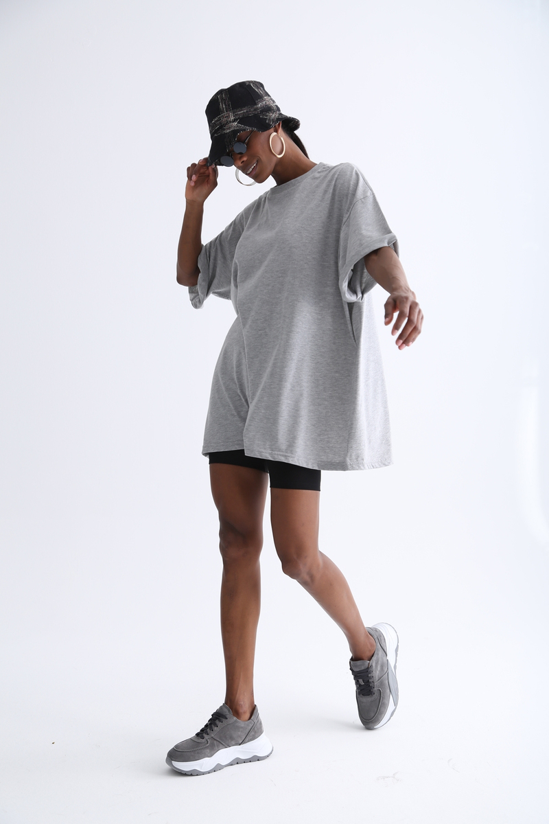 Gri Bisiklet Yaka Oversize Tshirt 12135