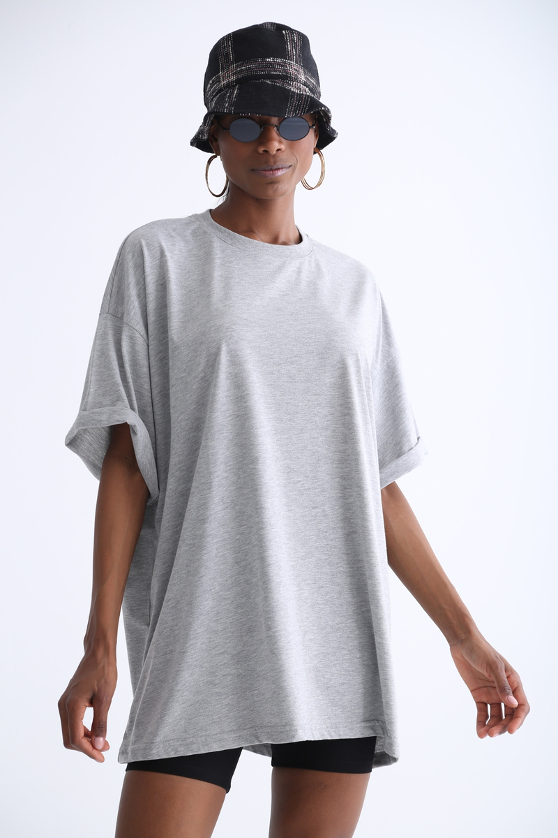 Gri Bisiklet Yaka Oversize Tshirt 12135