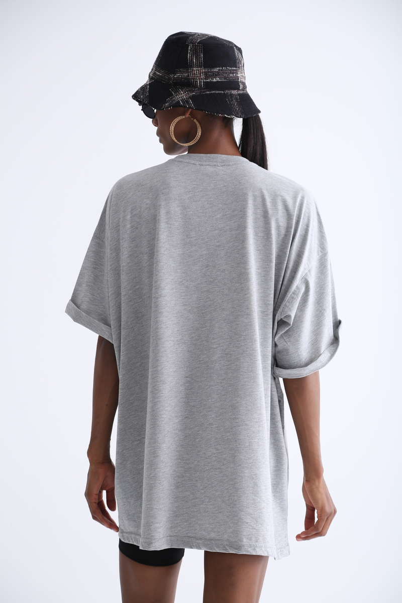 Gri Bisiklet Yaka Oversize Tshirt 12135