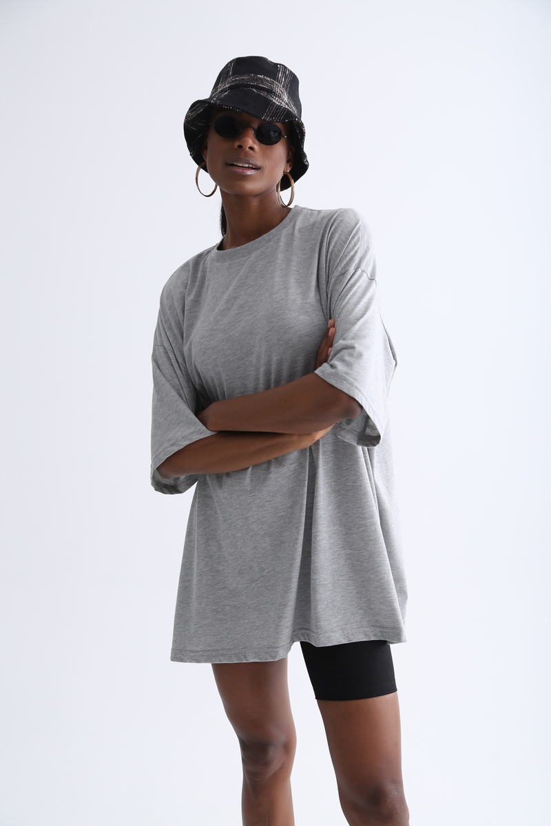 Gri Bisiklet Yaka Oversize Tshirt 12135