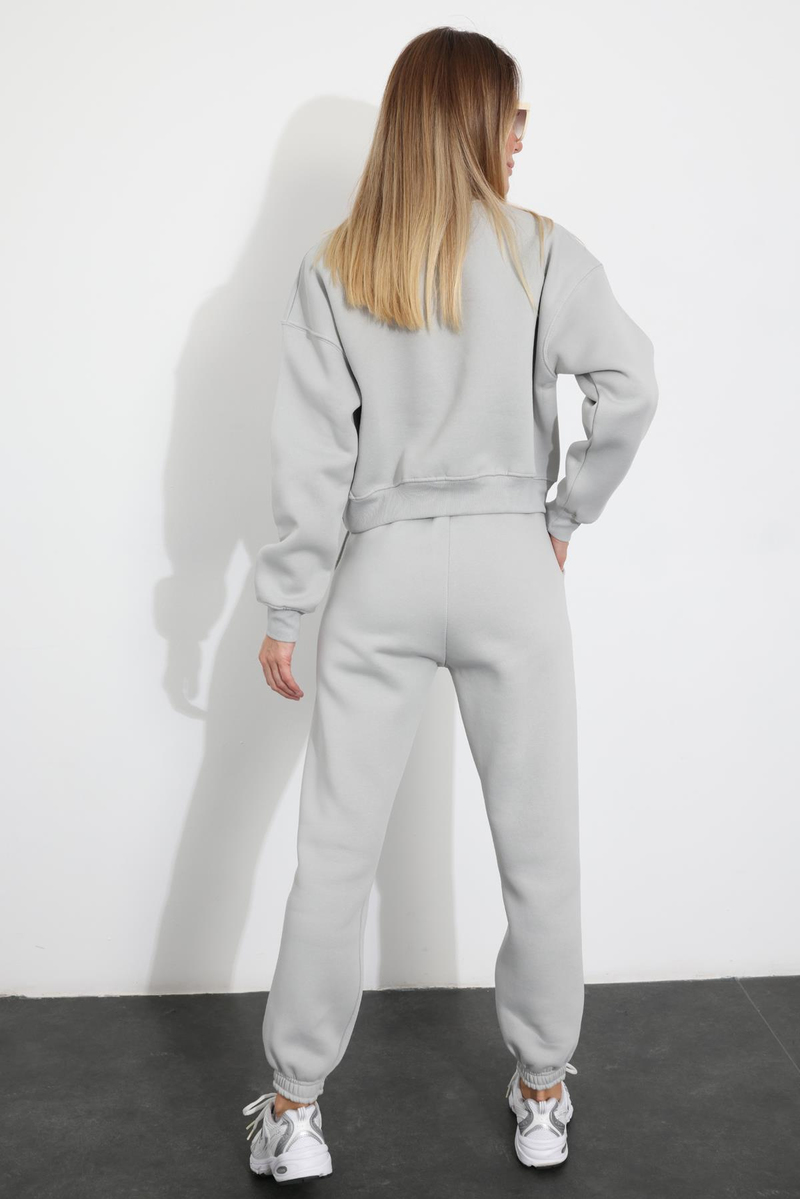 Gri Bisiklet Yaka Sweatshirt Eşofman Takım 3710