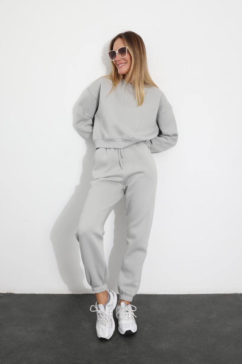 Gri Bisiklet Yaka Sweatshirt Eşofman Takım 3710