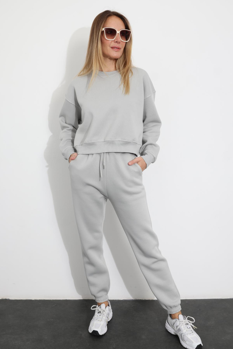 Gri Bisiklet Yaka Sweatshirt Eşofman Takım 3710