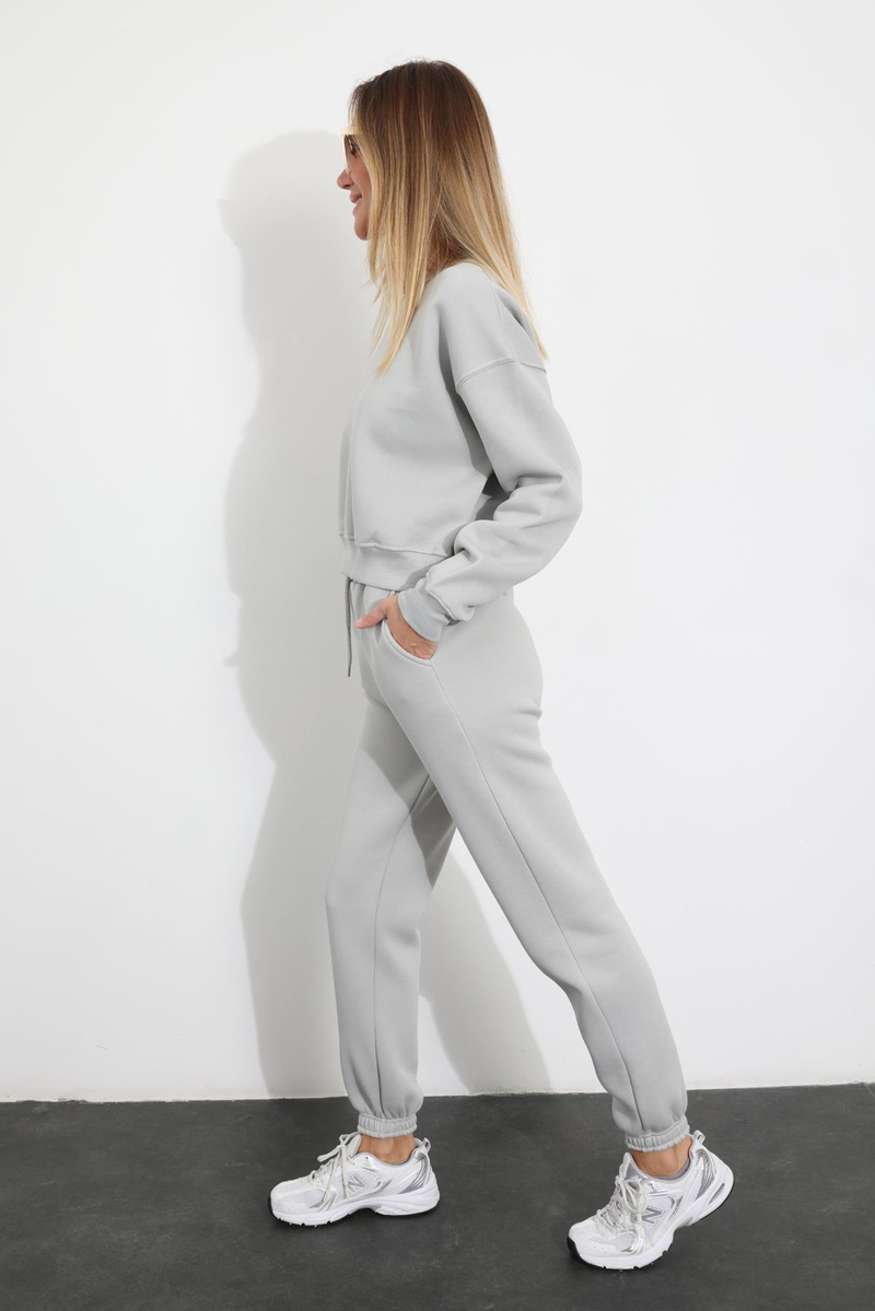 Gri Bisiklet Yaka Sweatshirt Eşofman Takım 3710