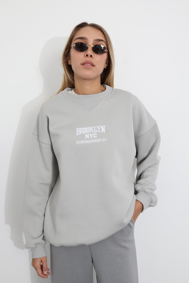 Gri Brooklyn Nakışlı Sweatshirt 3776