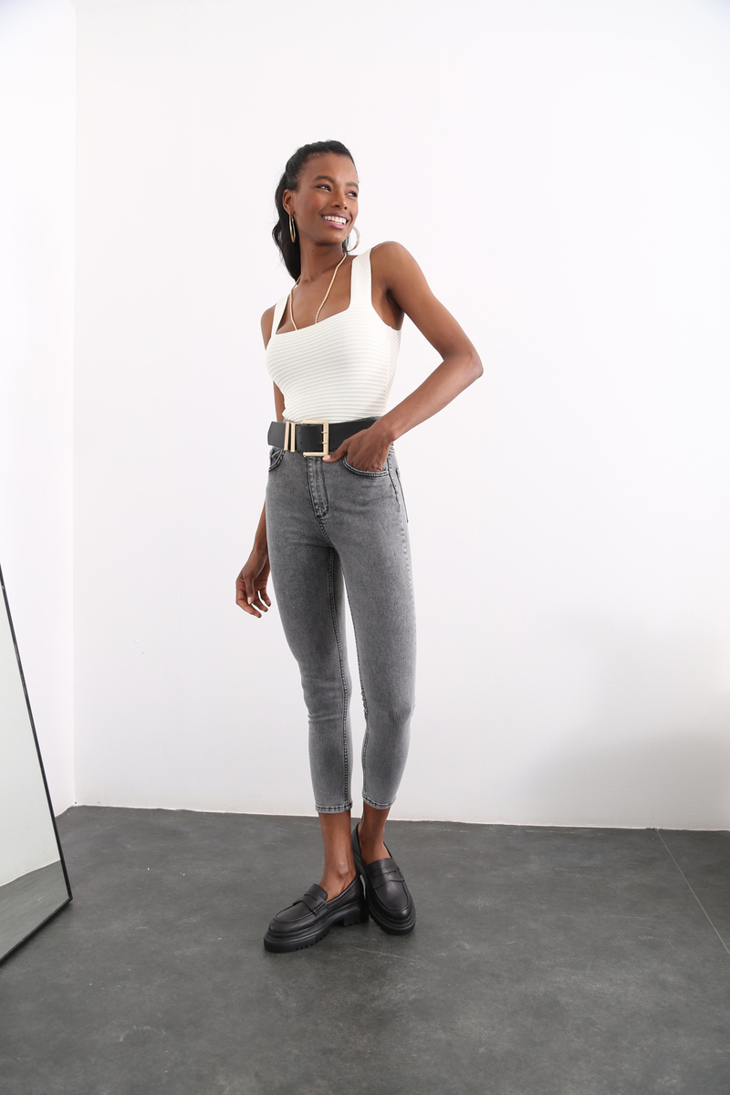 Gri Çift Düğmeli Skinny Jean D-490