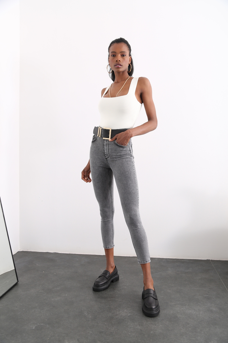 Gri Çift Düğmeli Skinny Jean D-490