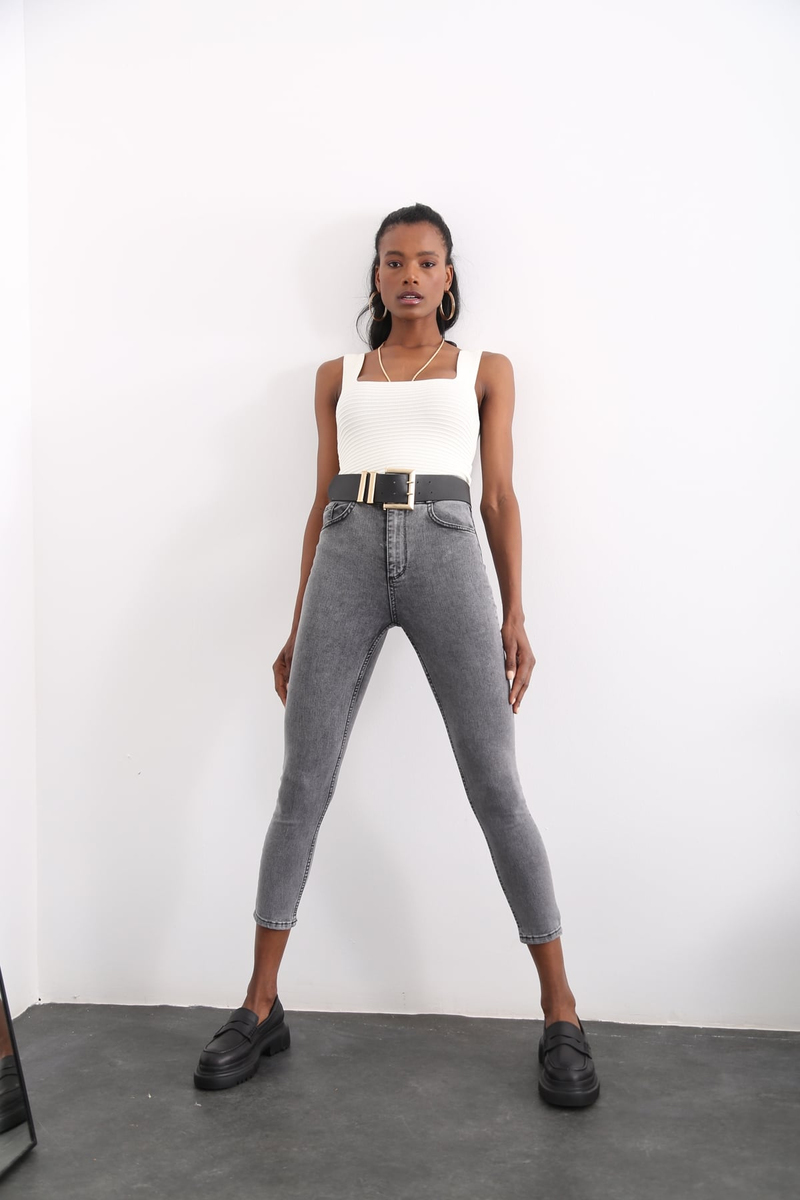 Gri Çift Düğmeli Skinny Jean D-490