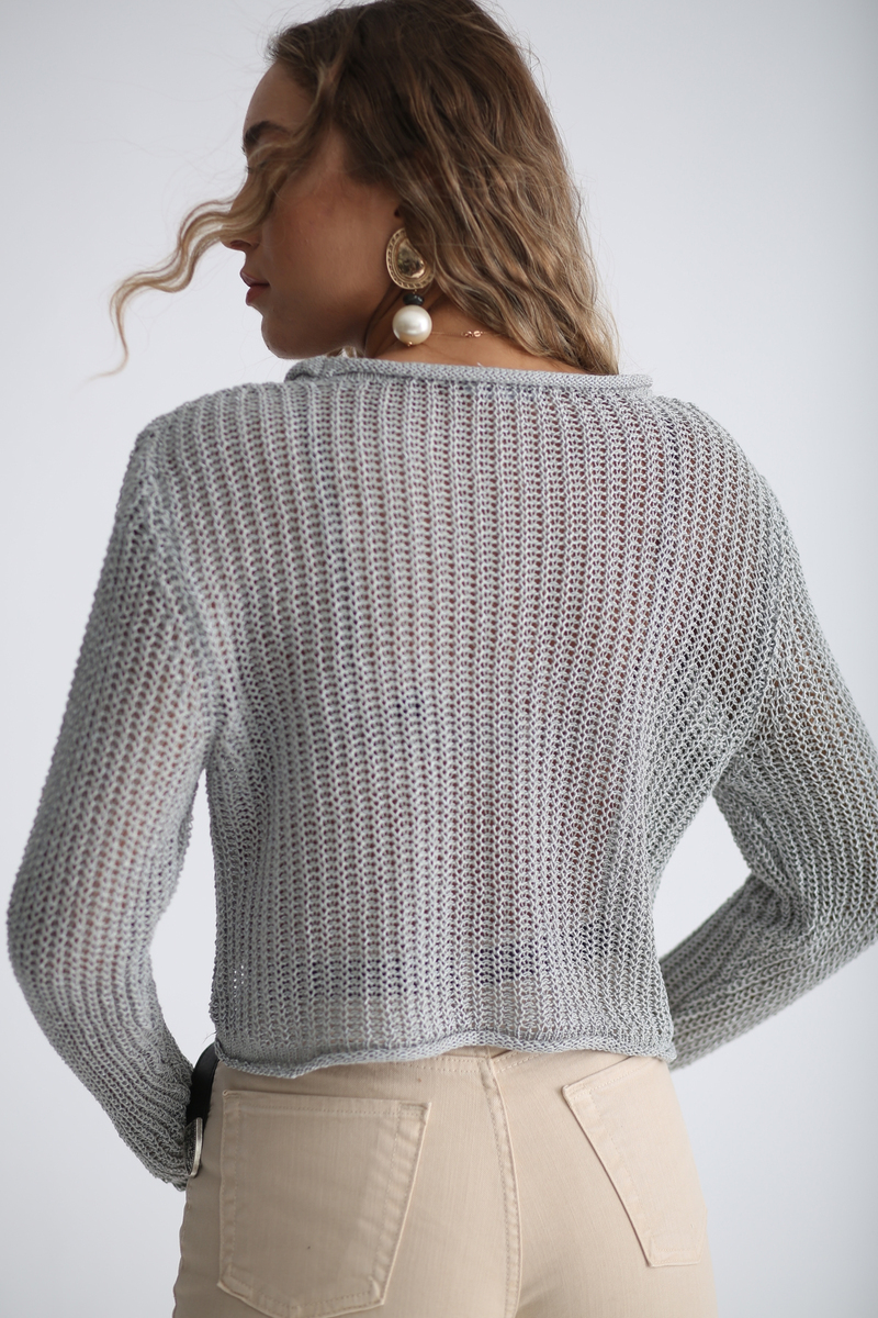 Gri Delikli Crop Triko 9307