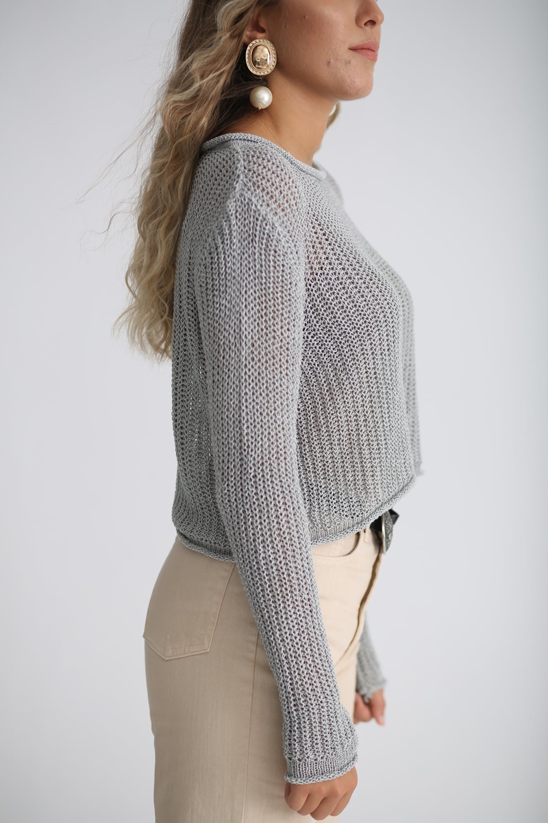 Gri Delikli Crop Triko 9307
