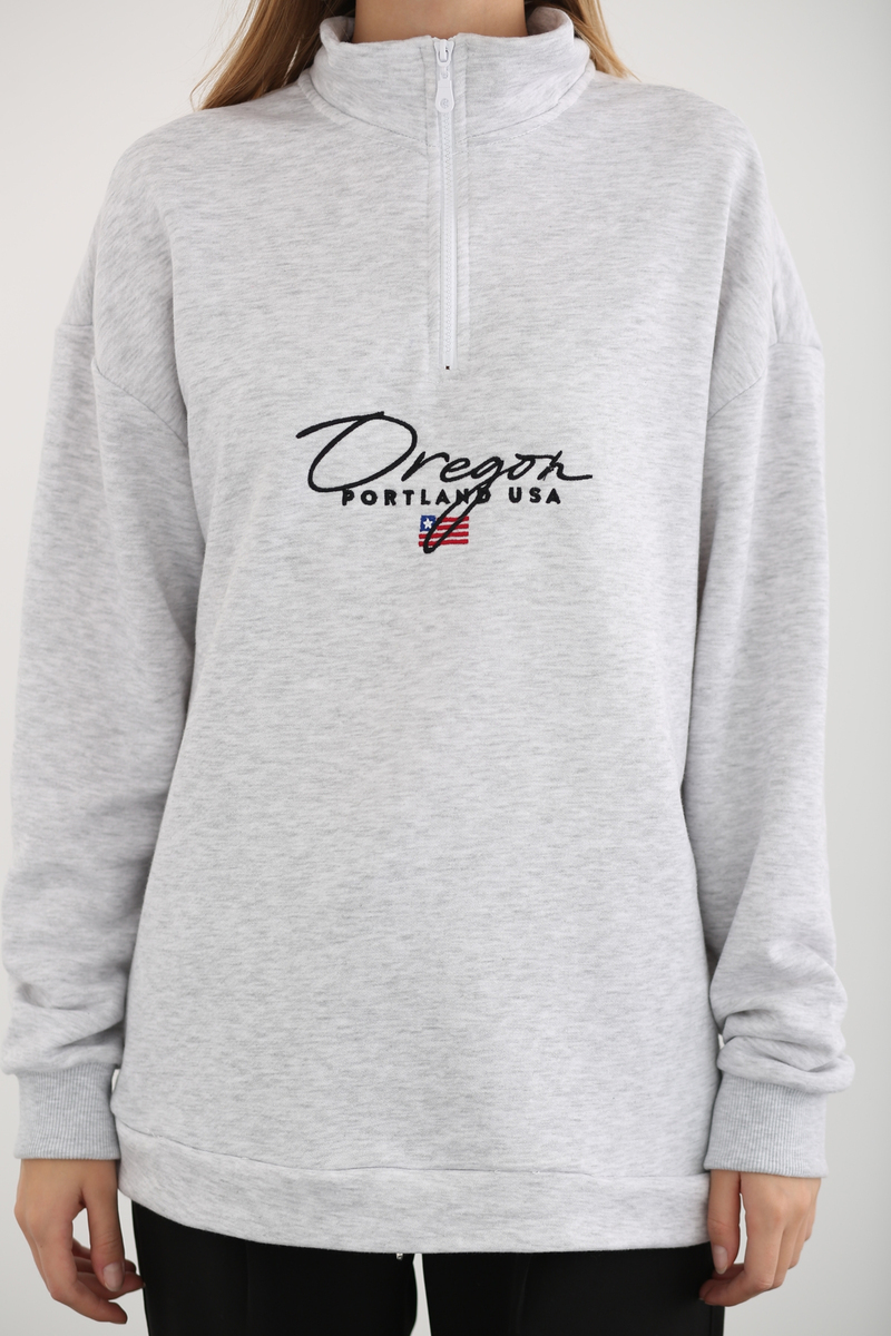 Gri Dik Yaka Fermuarlı Sweatshirt 1068