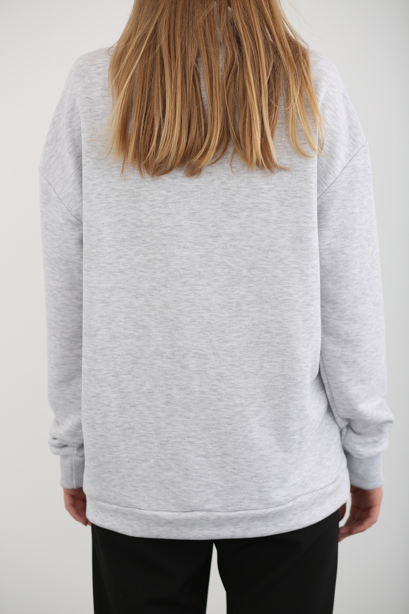 Gri Dik Yaka Fermuarlı Sweatshirt 1068