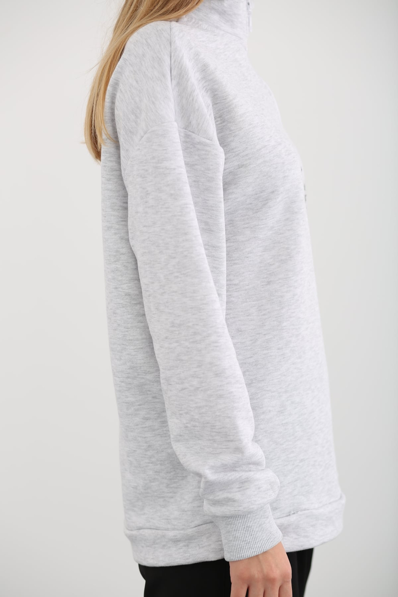 Gri Dik Yaka Fermuarlı Sweatshirt 1068
