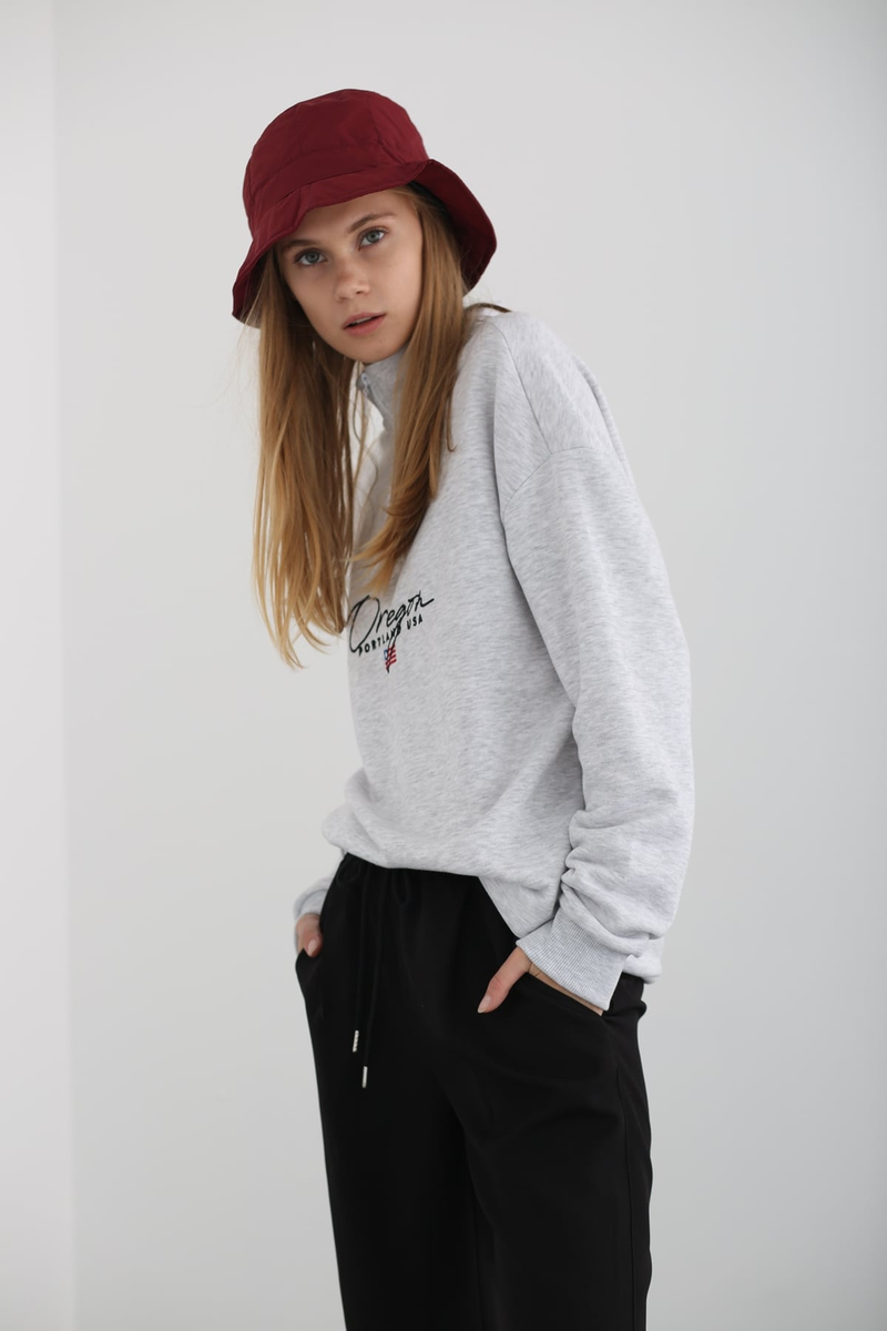 Gri Dik Yaka Fermuarlı Sweatshirt 1068