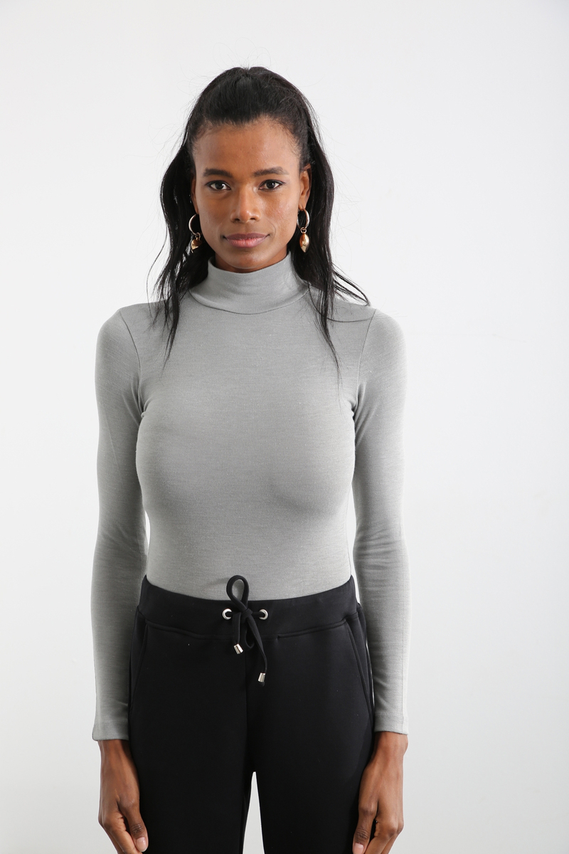 Gri Dik Yaka Uzun Kol Bodysuit 8252