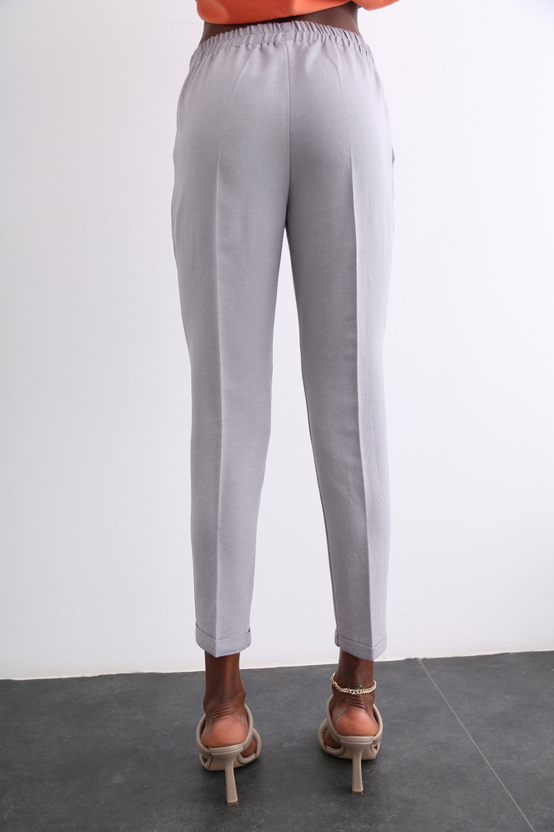 Gri Duble Paça Keten Pantolon 50394