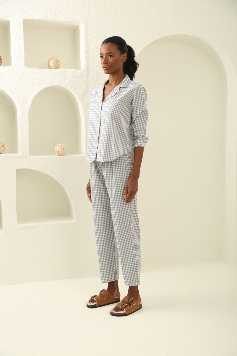 Gri Ekoseli Poplin Pijama Takım 