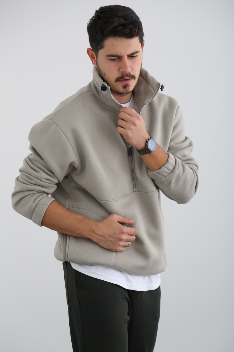 Gri Erkek Fermuarlı Şardonlu Sweatshirt K-296