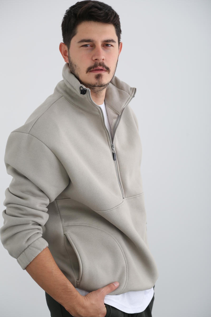 Gri Erkek Fermuarlı Şardonlu Sweatshirt K-296