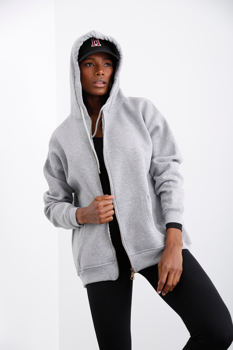 Gri Fermuarlı Şardonlu Sweatshirt 