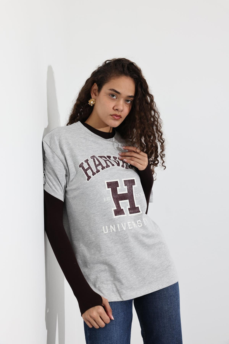 Gri Harvard Baskılı Tişört 
