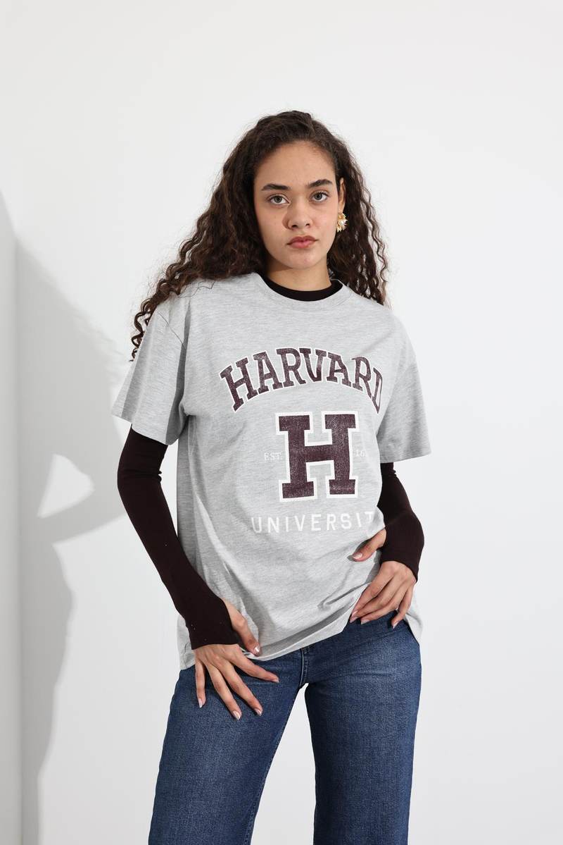 Gri Harvard Baskılı Tişört 