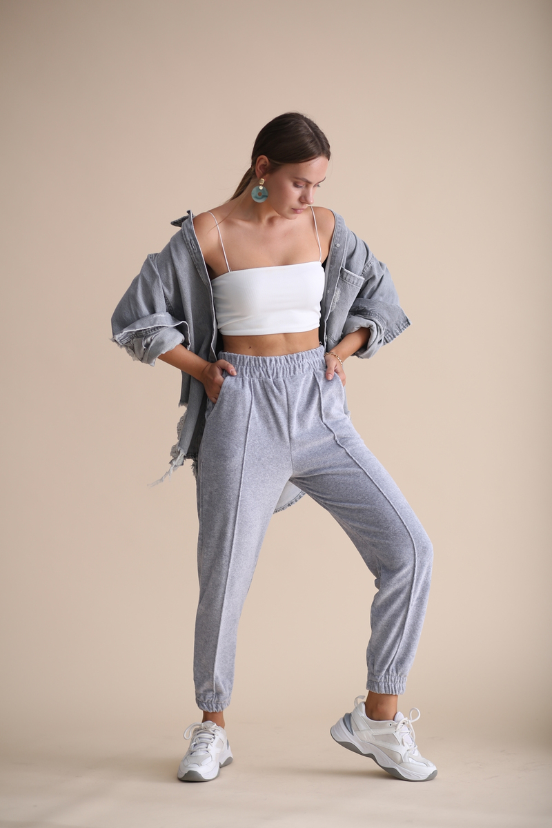 Gri Havlu Kadife Jogger Pantolon 33026