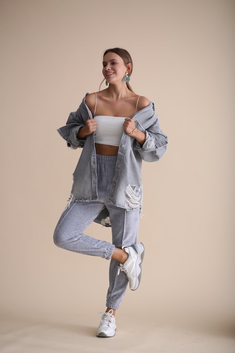 Gri Havlu Kadife Jogger Pantolon 33026
